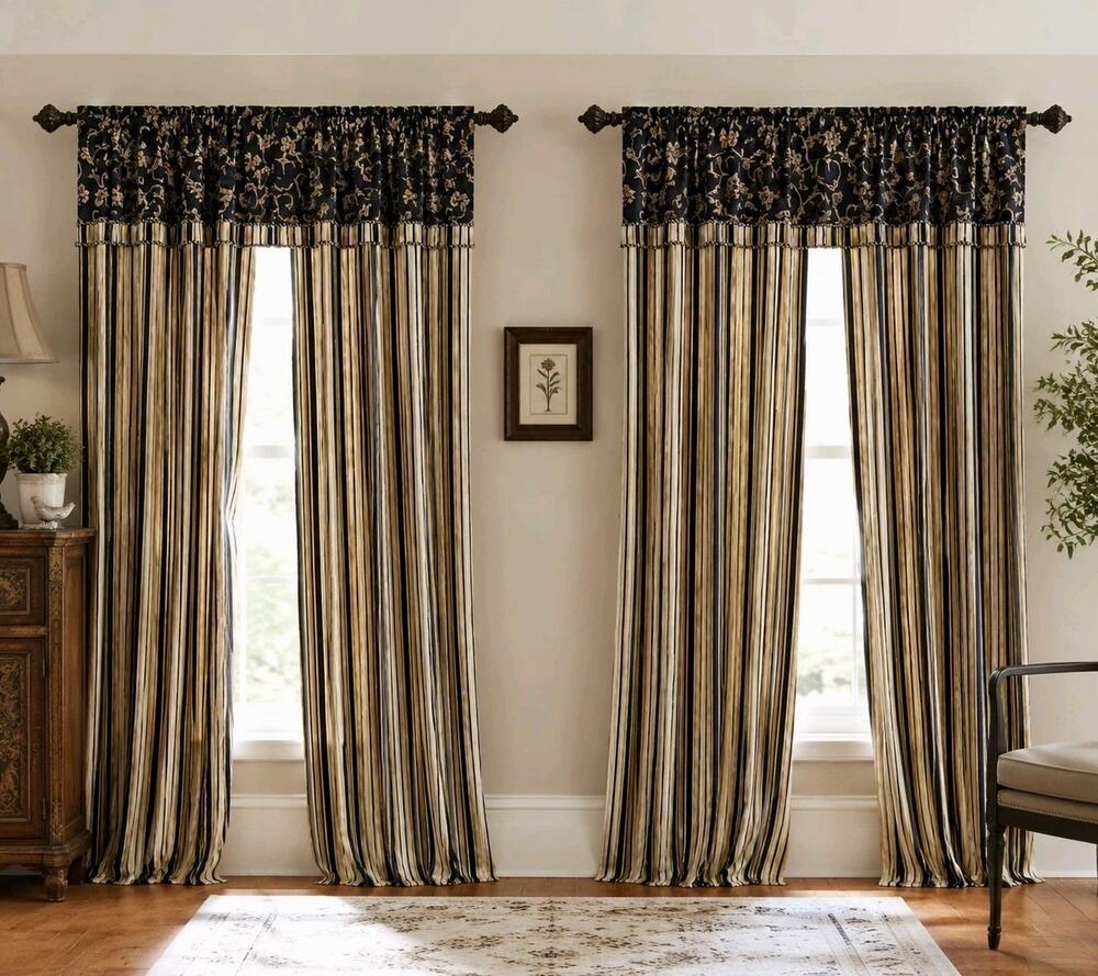 Two Panel Curtain Drape Set 53x80 With Valance Floral Paisley Dark Cottagecore